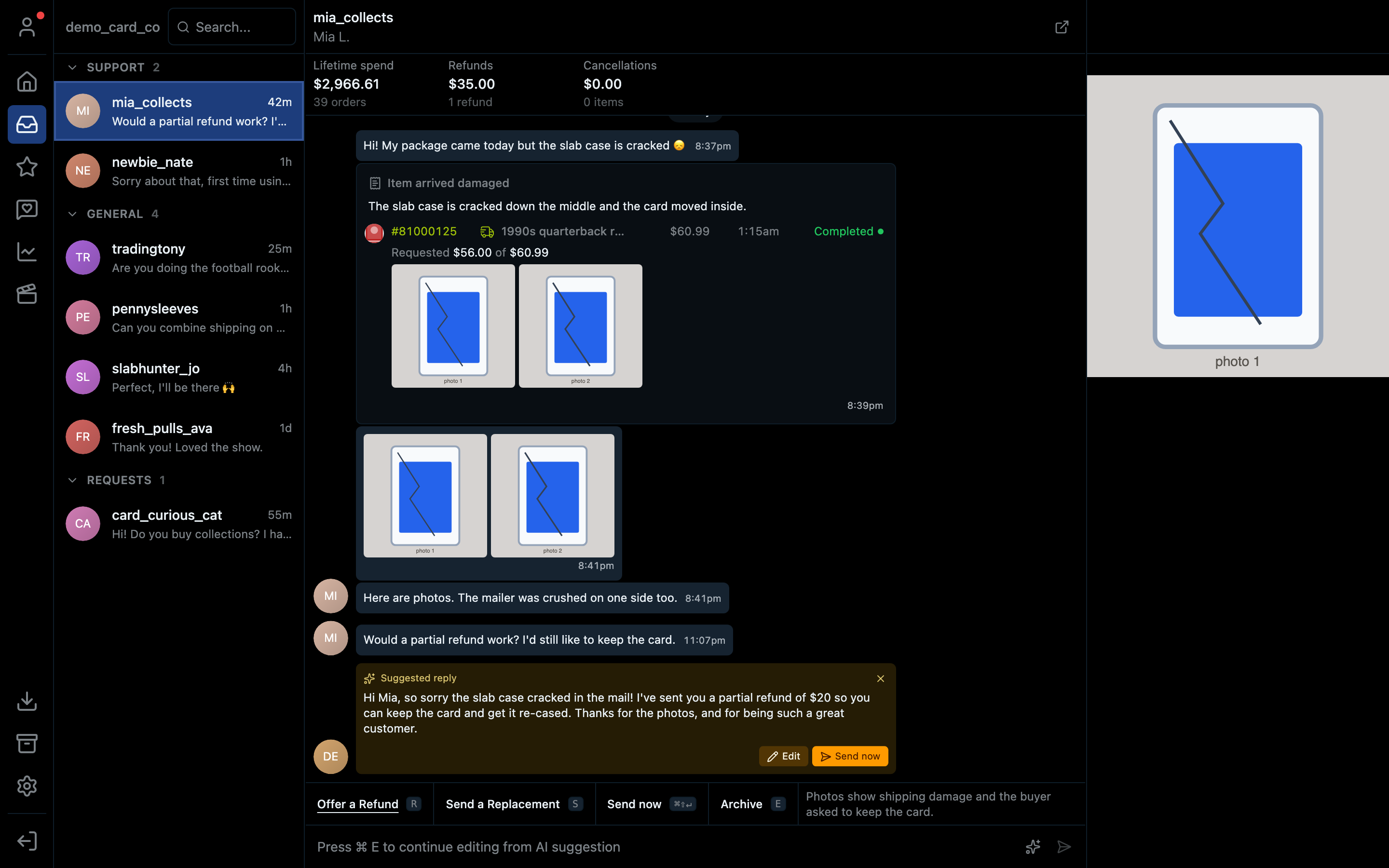 The inbox with the thread list on the left and an open support conversation on the right