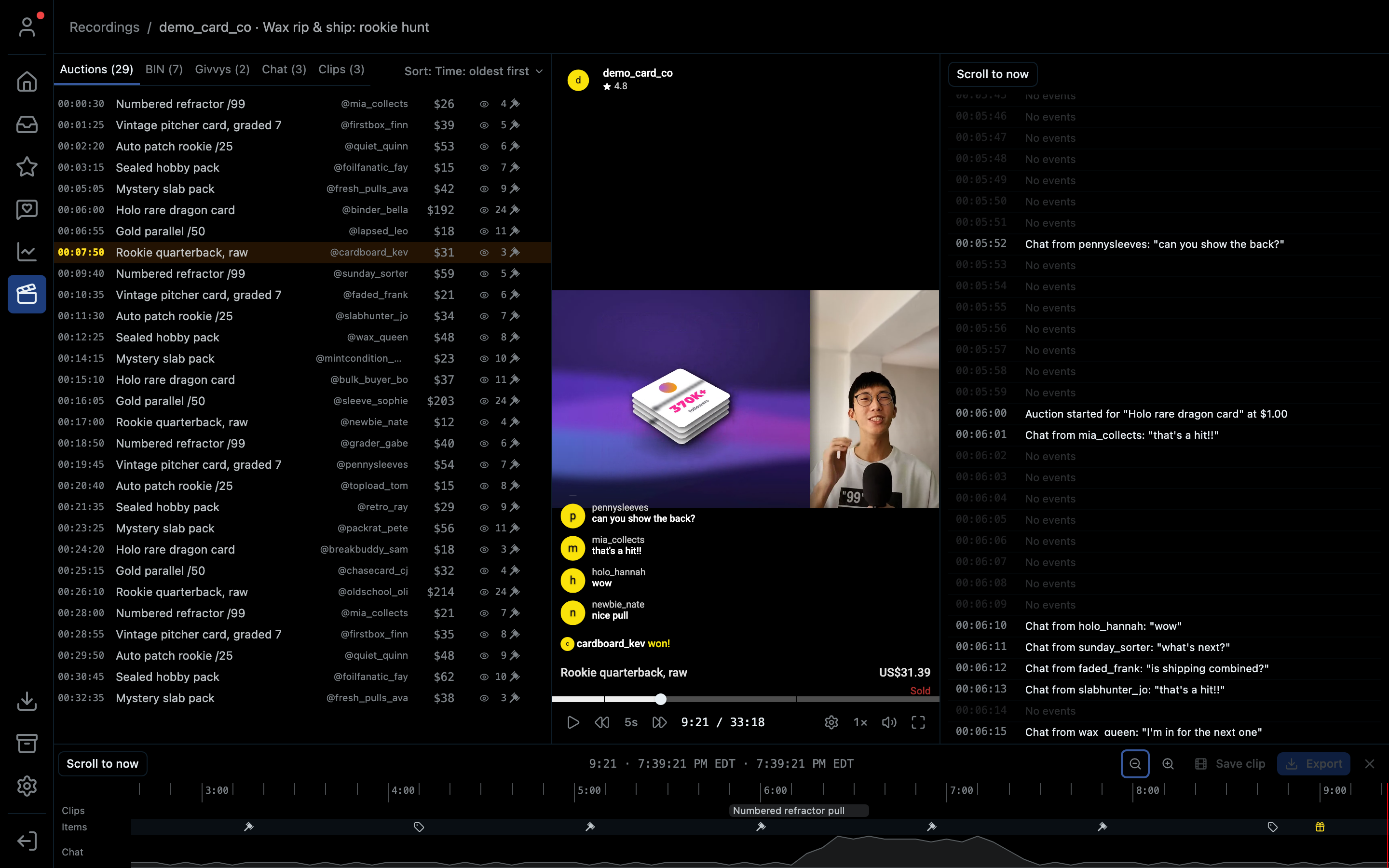 The show player with the video, the seek bar lanes and the side panel