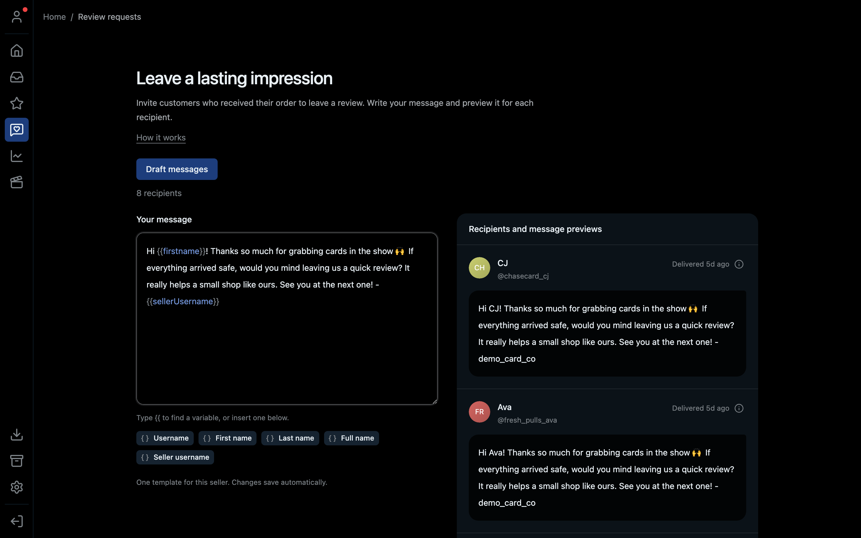 The Request reviews page with the message template and the list of recipients