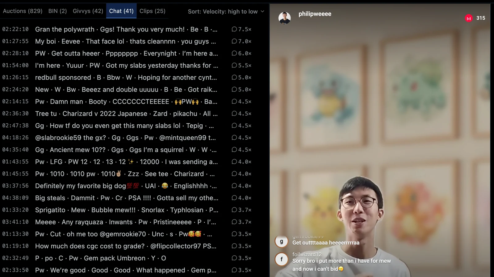 The Chat tab ranking moments of a recorded show by how fast the chat moved