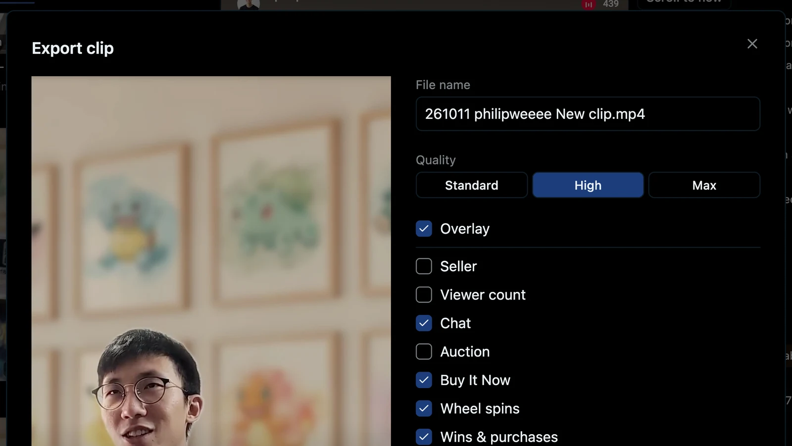 The export dialog with overlay options switched off